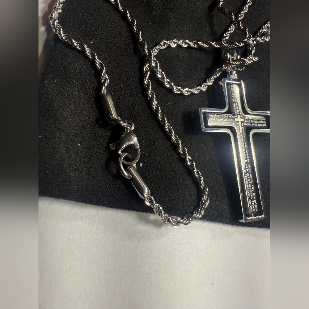 Silver Rope Chain Necklace with Engraved Cross Pendant